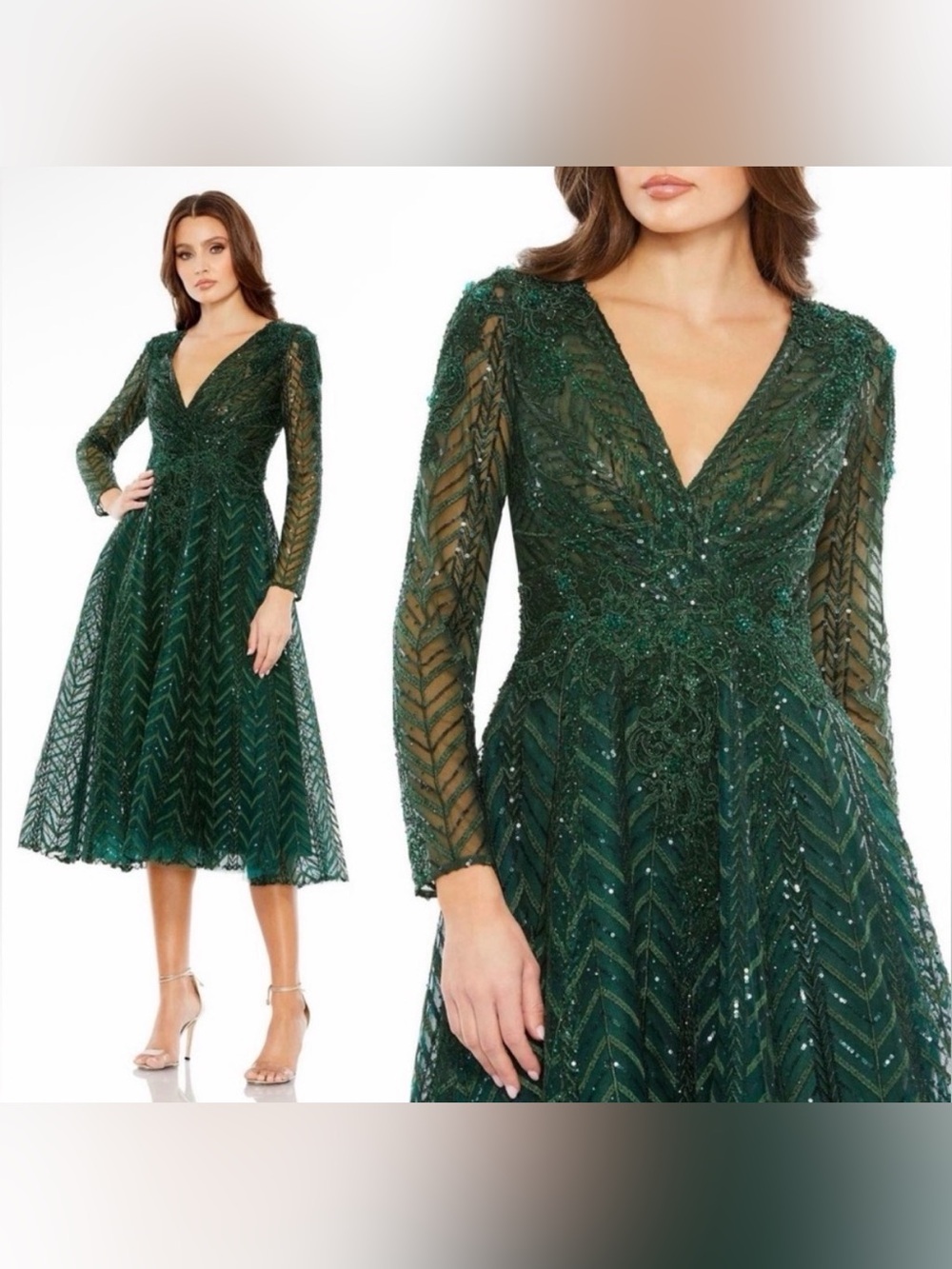 Mac Duggal 20399 Long Sleeve Midi Holiday Christmas Party Dress New  Emerald